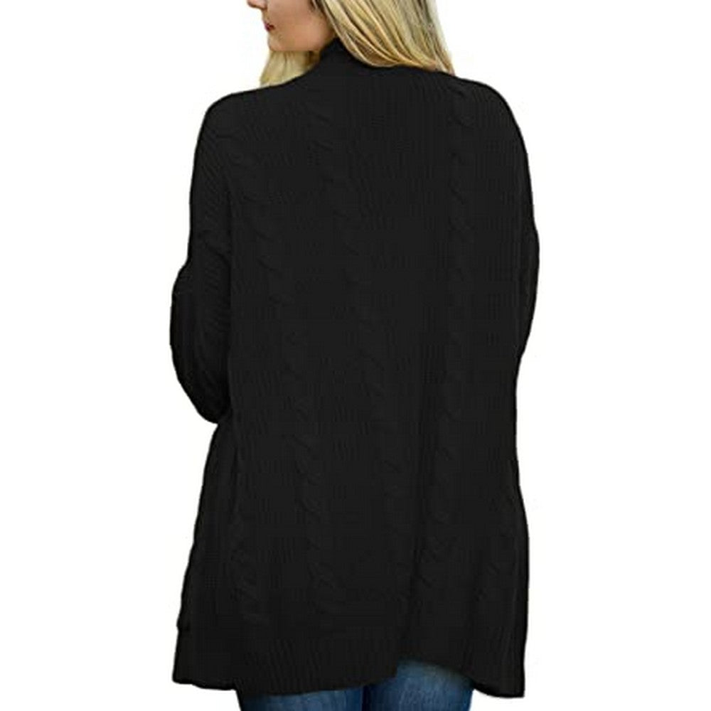 Women Knit Long Sleeve Pocketed Cardigan Black