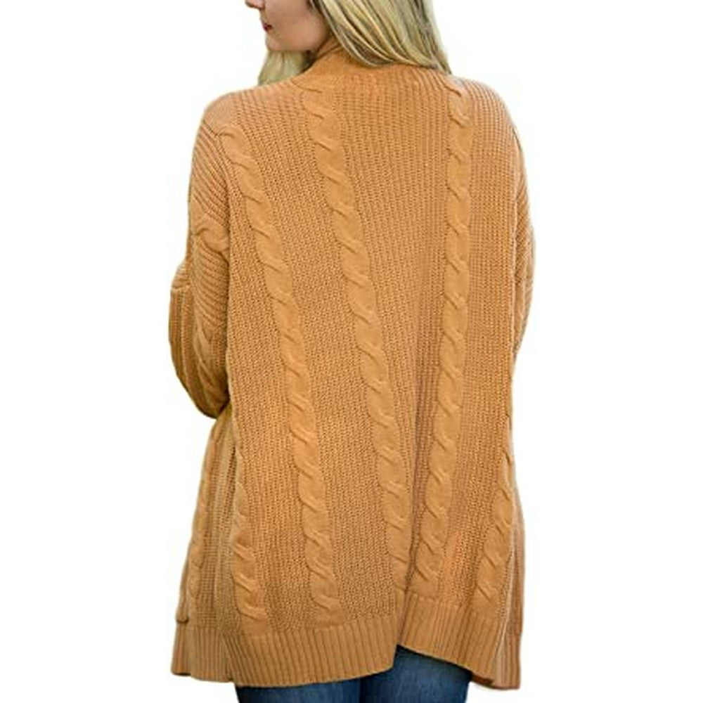 Women Knit Long Sleeve Pocketed Cardigan Yellow