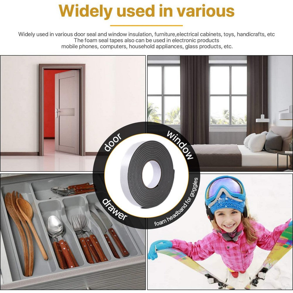 2 Rolls 5M Weather Stripping Sponge Foam Strip Tapes Draught Excluder Door Window Seal Rolls Grey