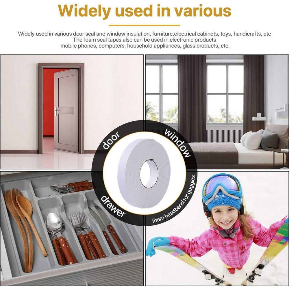 4 Rolls 5M Weather Stripping Sponge Foam Strip Tapes Draught Excluder Door Window Seal Rolls White