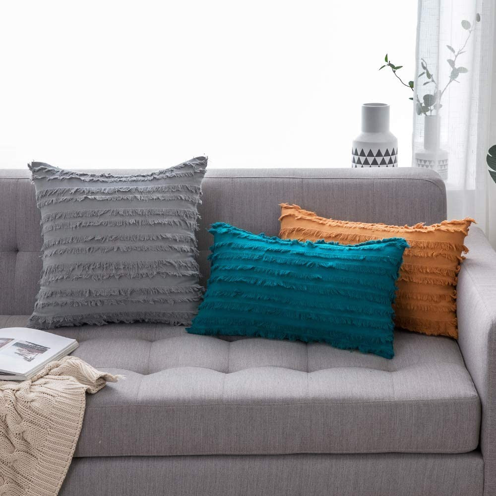 4PCS 30 x 50CM Home Decorative Tassels Design Boho Throw Pillow Cases Cotton Linen Striped Cushion Covers for Sofa Couch Living Room Bedroom Blue