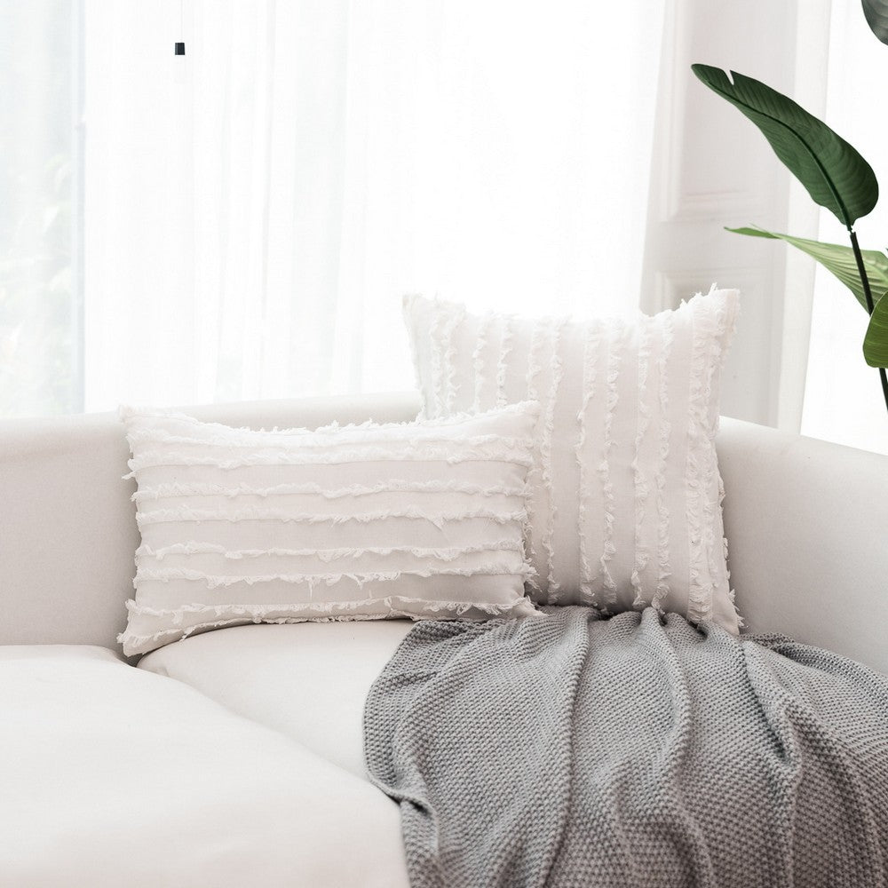 2PCS 30 x 50CM Home Decorative Tassels Design Boho Throw Pillow Cases Cotton Linen Striped Cushion Covers for Sofa Couch Living Room Bedroom White