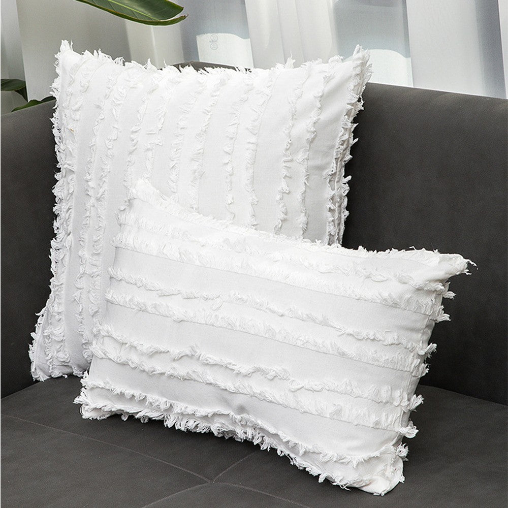 2PCS 30 x 50CM Home Decorative Tassels Design Boho Throw Pillow Cases Cotton Linen Striped Cushion Covers for Sofa Couch Living Room Bedroom White