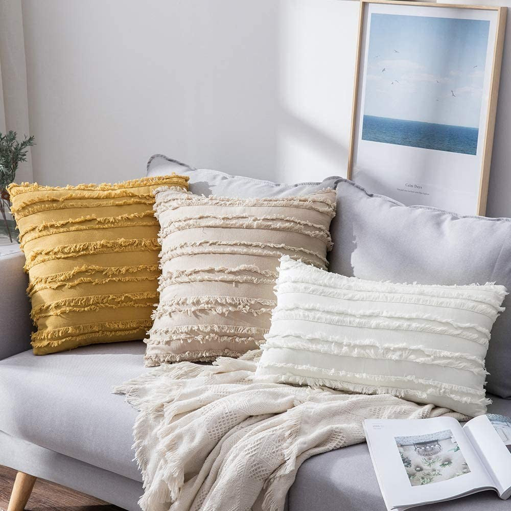 2PCS 30 x 50CM Home Decorative Tassels Design Boho Throw Pillow Cases Cotton Linen Striped Cushion Covers for Sofa Couch Living Room Bedroom White