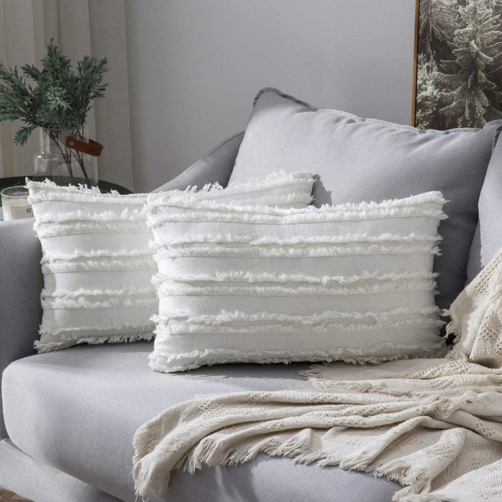 2PCS 30 x 50CM Home Decorative Tassels Design Boho Throw Pillow Cases Cotton Linen Striped Cushion Covers for Sofa Couch Living Room Bedroom White