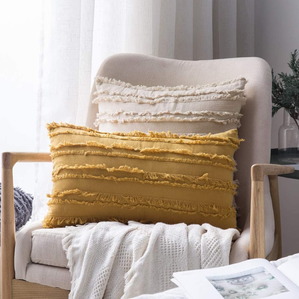 2PCS 30 x 50CM Home Decorative Tassels Design Boho Throw Pillow Cases Cotton Linen Striped Cushion Covers for Sofa Couch Living Room Bedroom Yellow