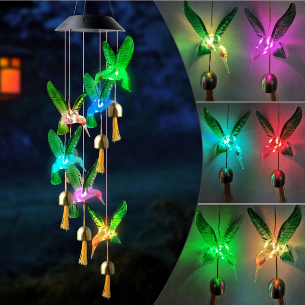Solar Power Light Hummingbird Bell LED Wind Chimes Home Decor