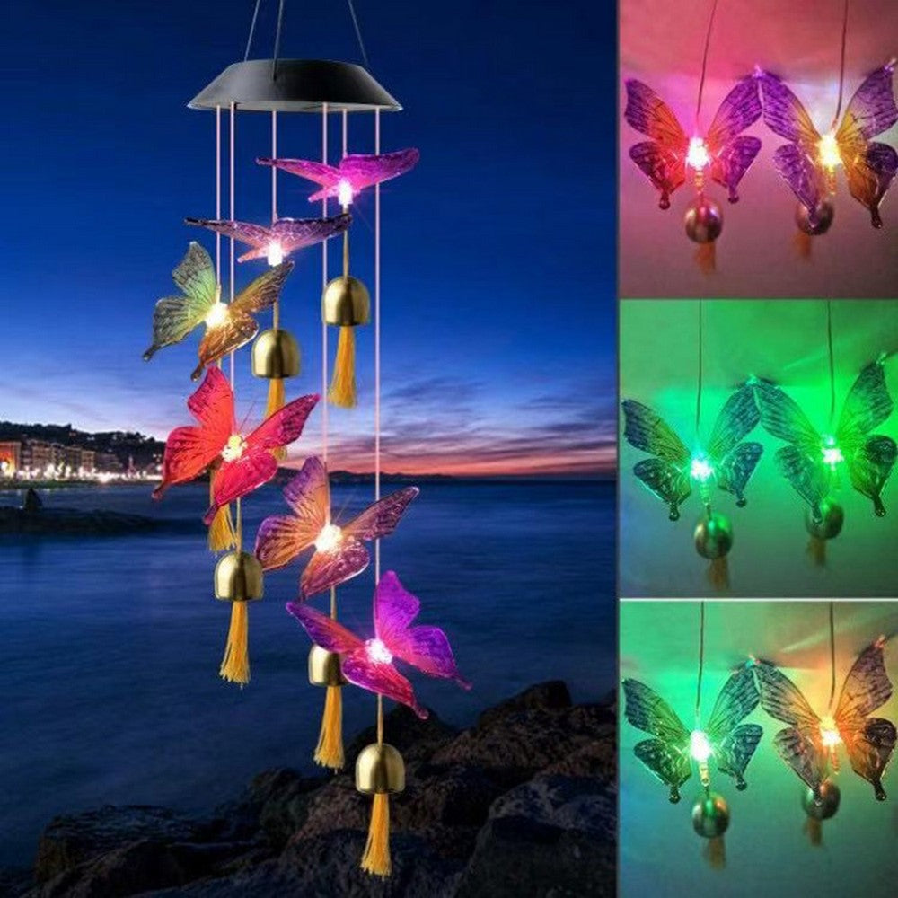 Solar Power Light Butterfly Bell LED Wind Chimes Home Decor