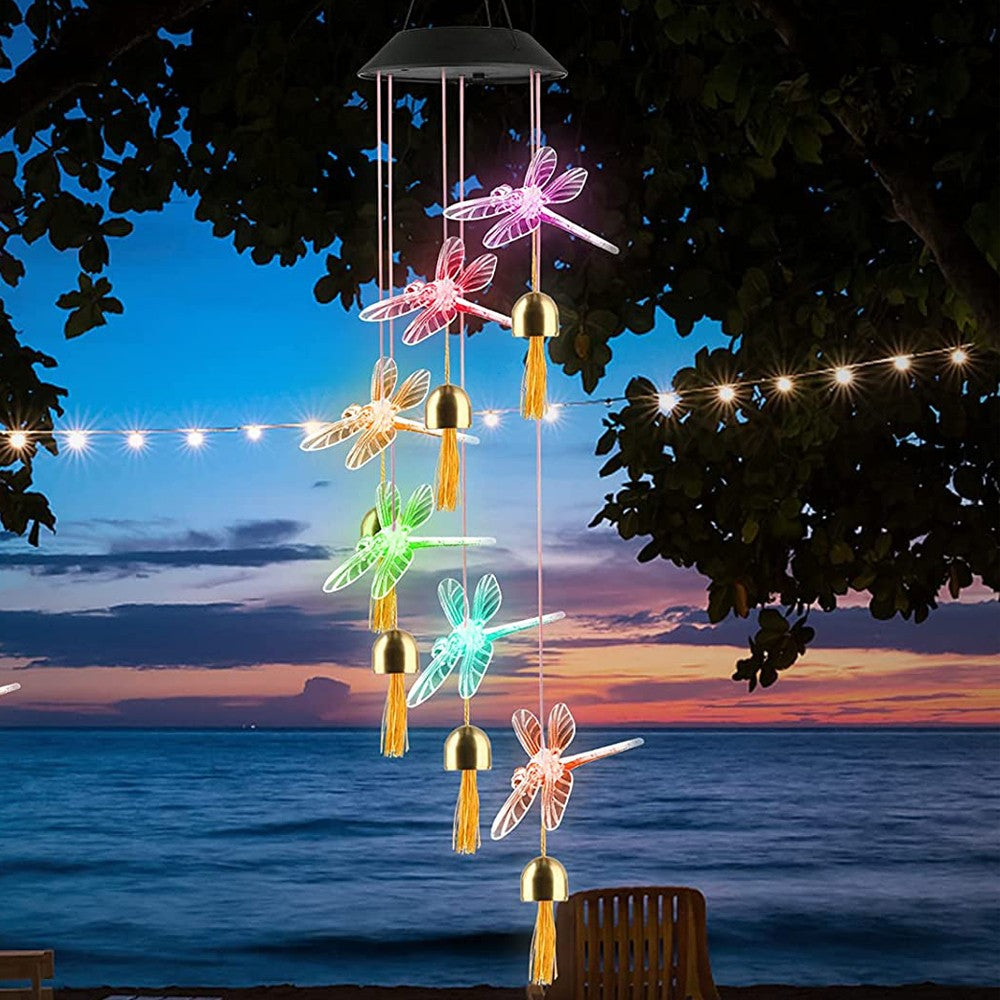 Solar Power Light Dragonfly Bell LED Wind Chimes Home Decor