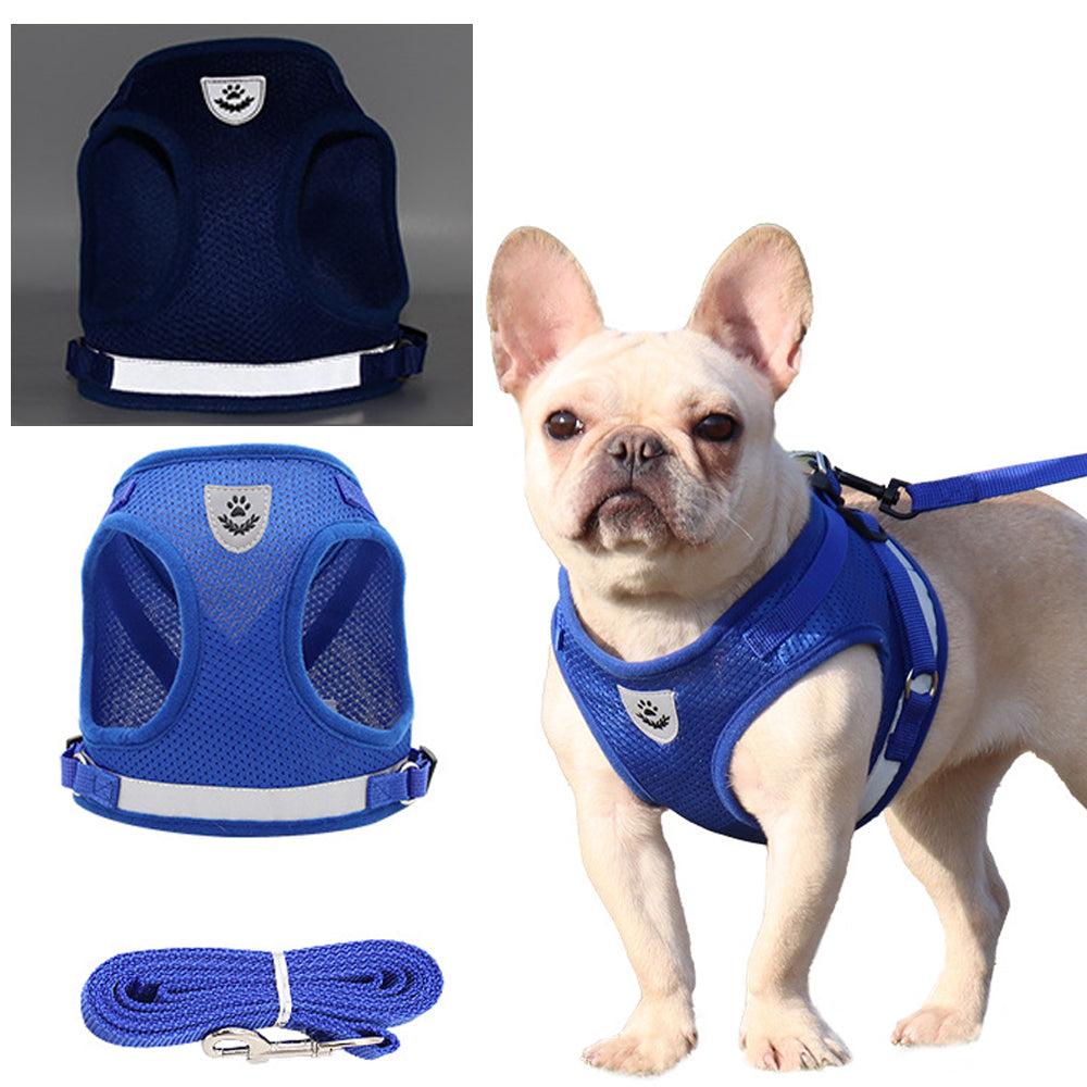 L Size Pet Dog Adjustable Harness Lead Leash Dog Reflective Harness Cat Lead Leash Dog Vest Blue