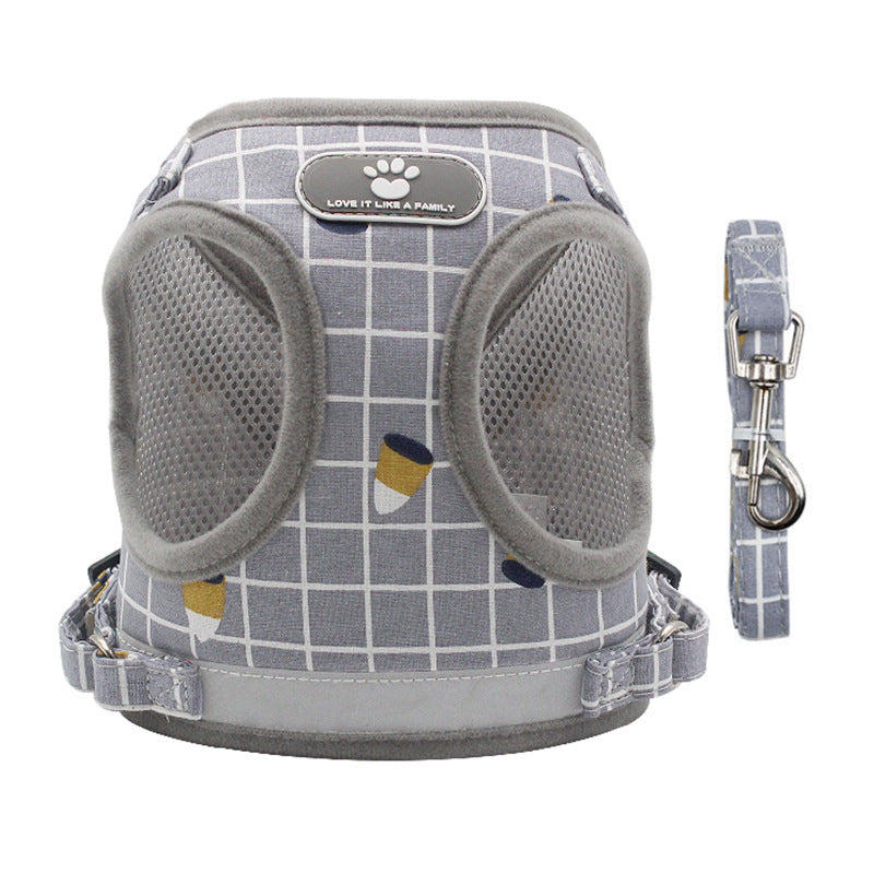 Printed Pet Dog Walking Jacket Cat Reflective Harness Puppy Lead Leash Vest Grey XL