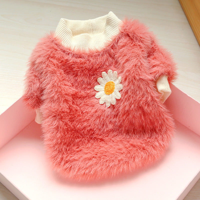 XL Pink Daisy Design Pet Turtleneck Pullover Clothes Winter Soft Plush Clothes for Cat Dog Puppy