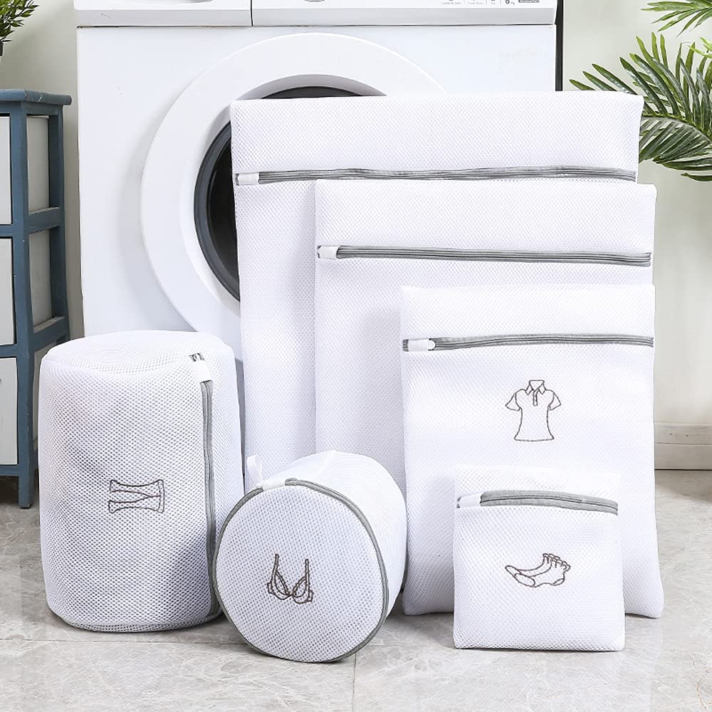 6Pcs White Laundry Bags Embroidery Pattern Washing Machine Travel Clother Bags