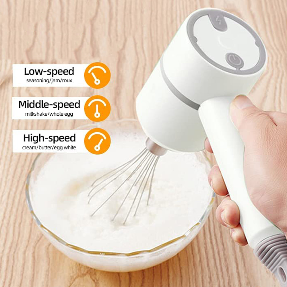 White 3 In 1 Food Blender Electric Gralic Chopper Egg Cream Beater 3 Speed Cordless USB Rechargeable Hand Mixer