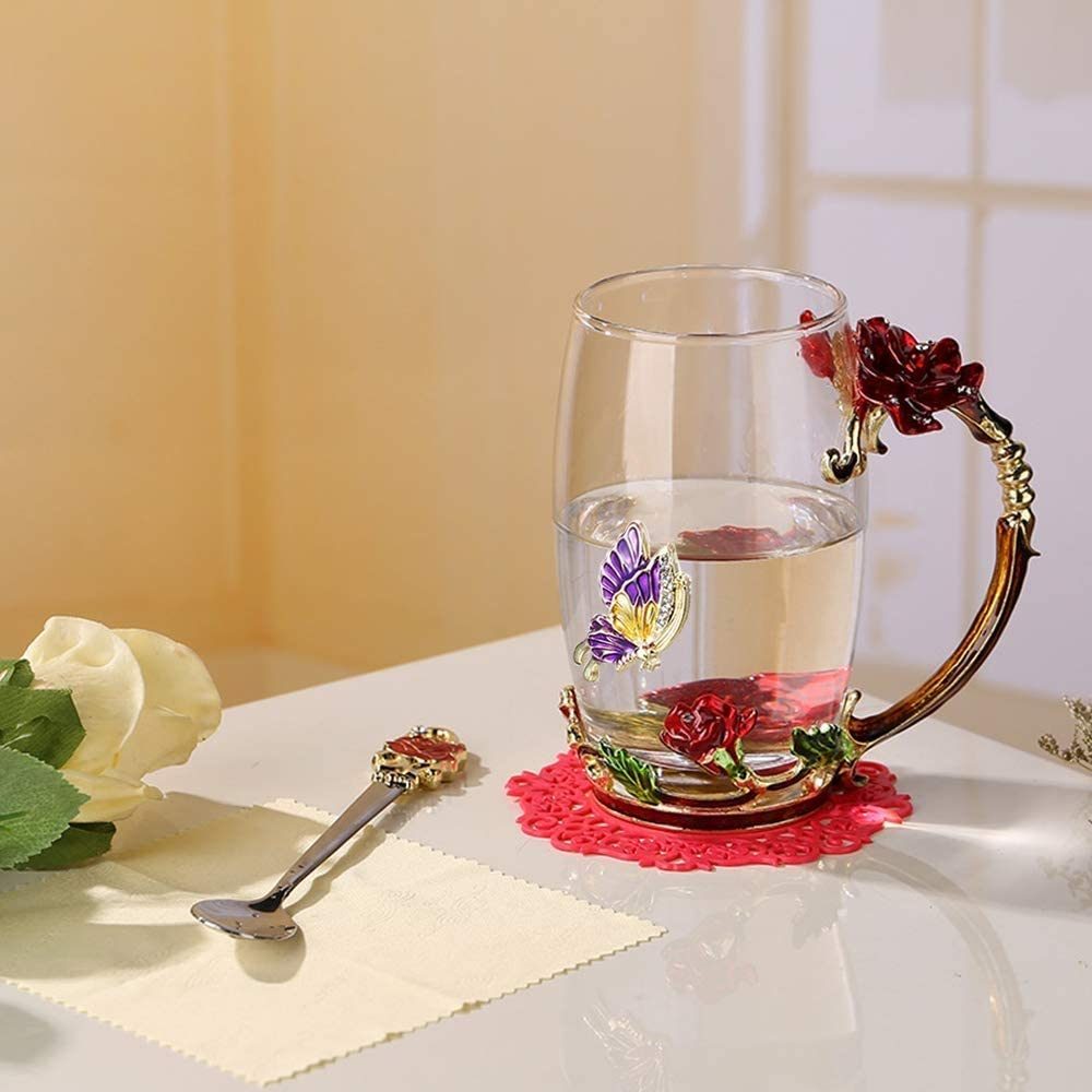 350ML Enamel Tea Cup Glass Coffee Mug with Spoon Coaster Box Red