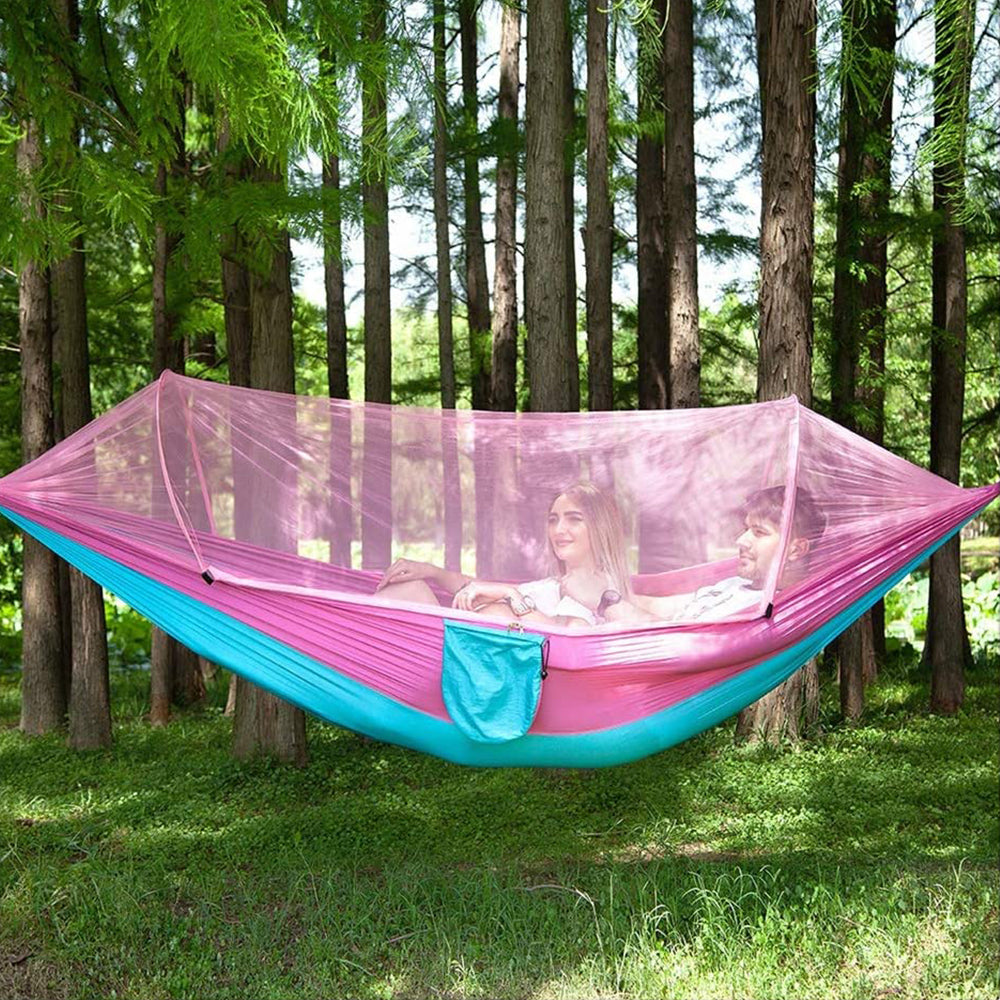 Outdoor Pop Up Hammock Bed With Mosquito Net Camping Swing for 1 or 2 Person Pink