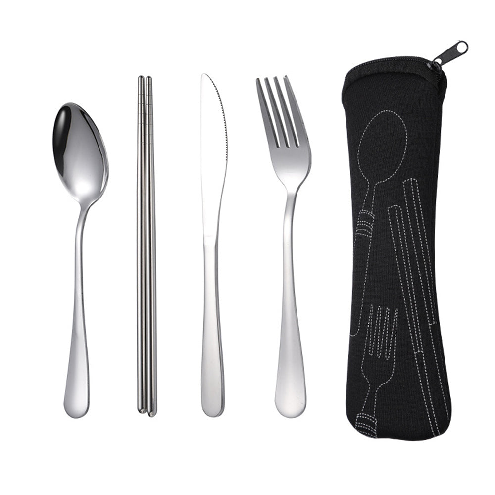 Black Insulated Thermal Cooler Lunch Bag with 4Pcs Cutlery Set