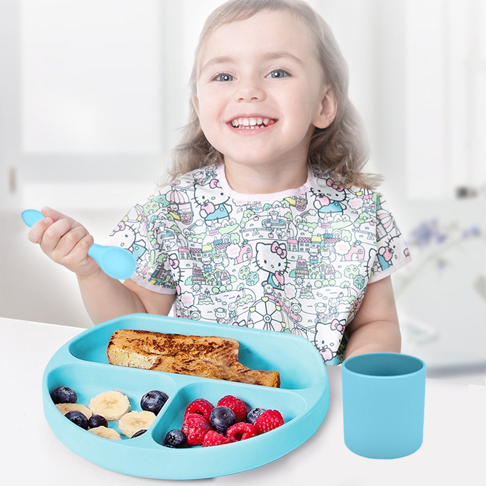 FDA Certified 5Pcs Kids Silicone Kids Feeding Set Blue
