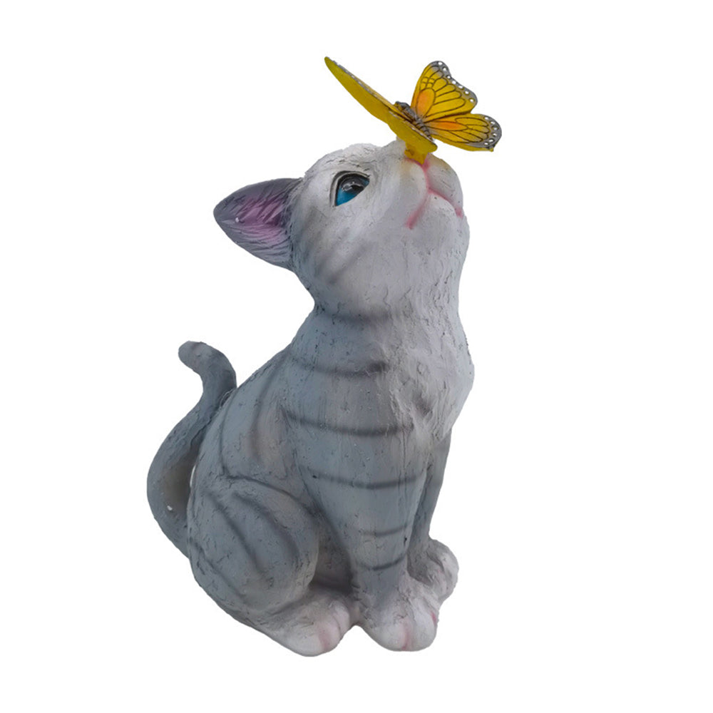 Solar Powered Light Cat Butterfly Statues Resin Sculpture Garden Decor Style 3