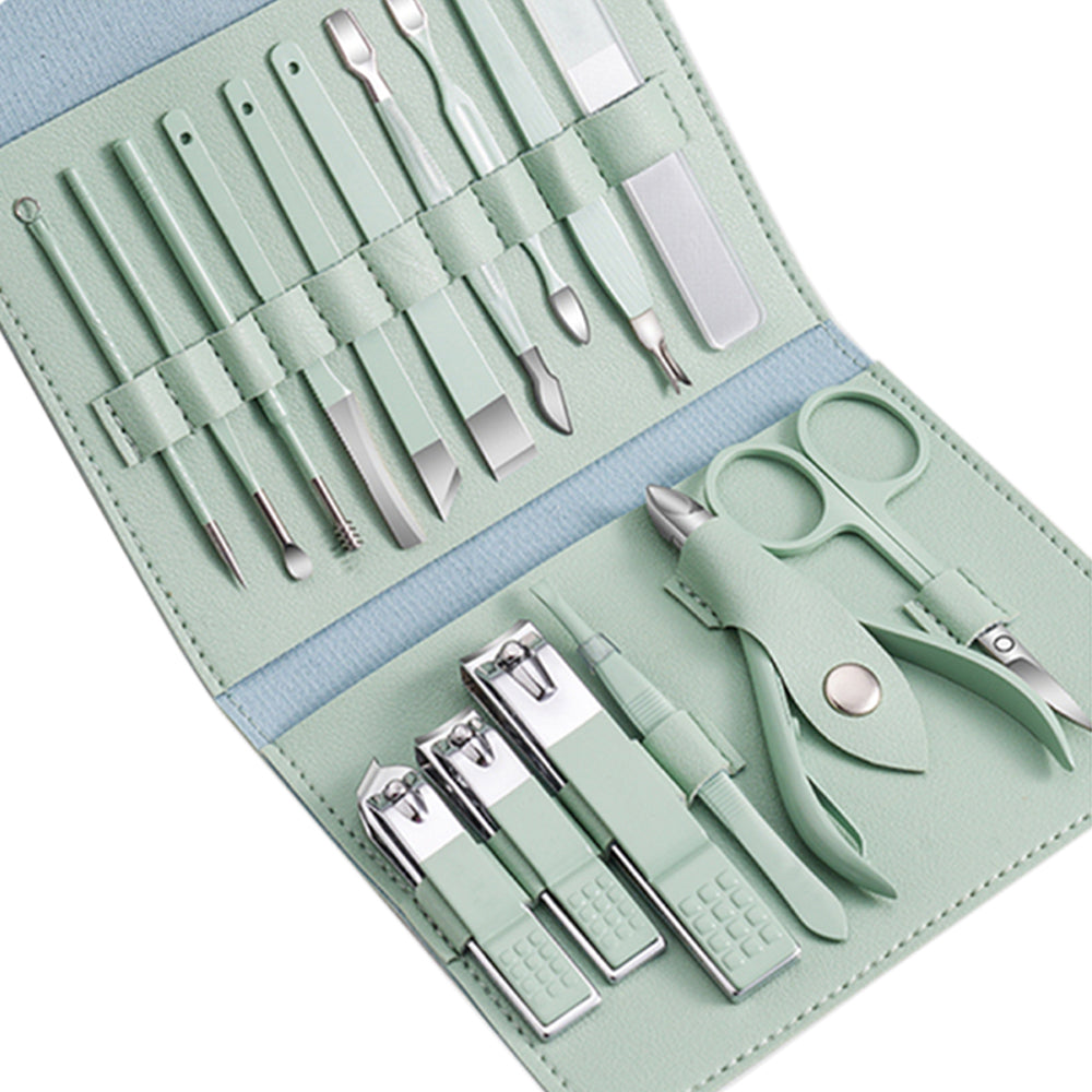 16pcs Manicure Pedicure Set Nail Scissors Grooming Kit with PU Leather Case Green