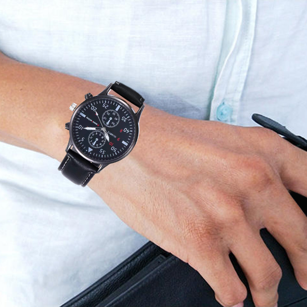 3Pcs Mens Business Watch Beads Bracelet Set PU Leather Watch Band Watch