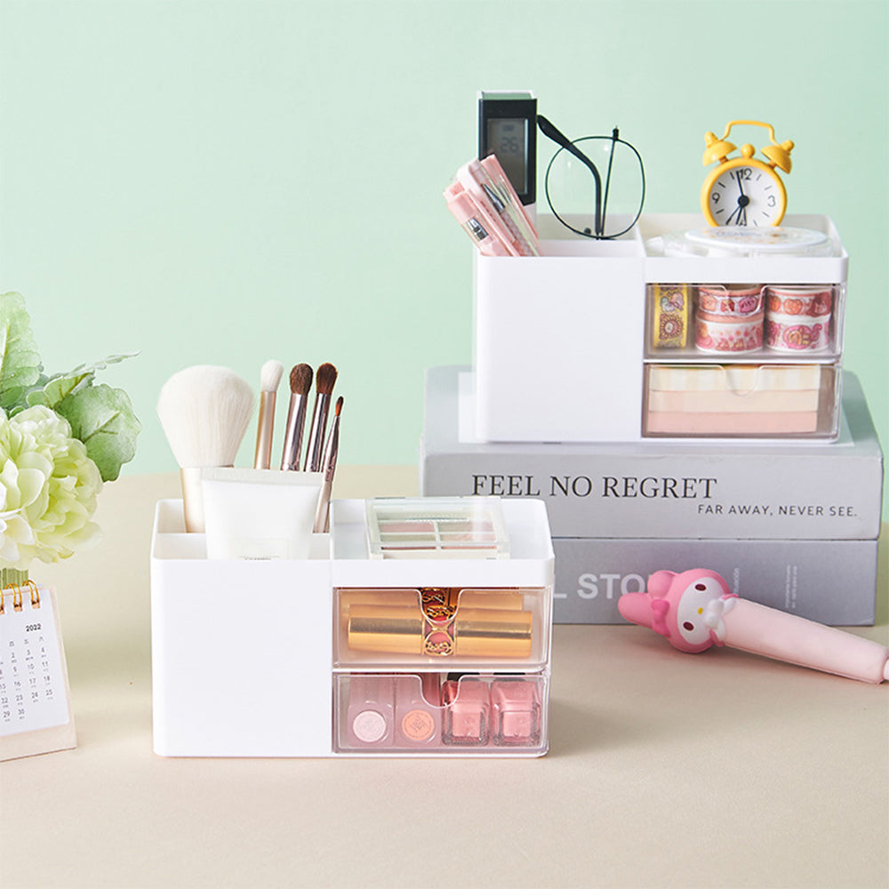 2X Desk Organizer Cosmetic Makeup Storage Box with Drawers White Blue