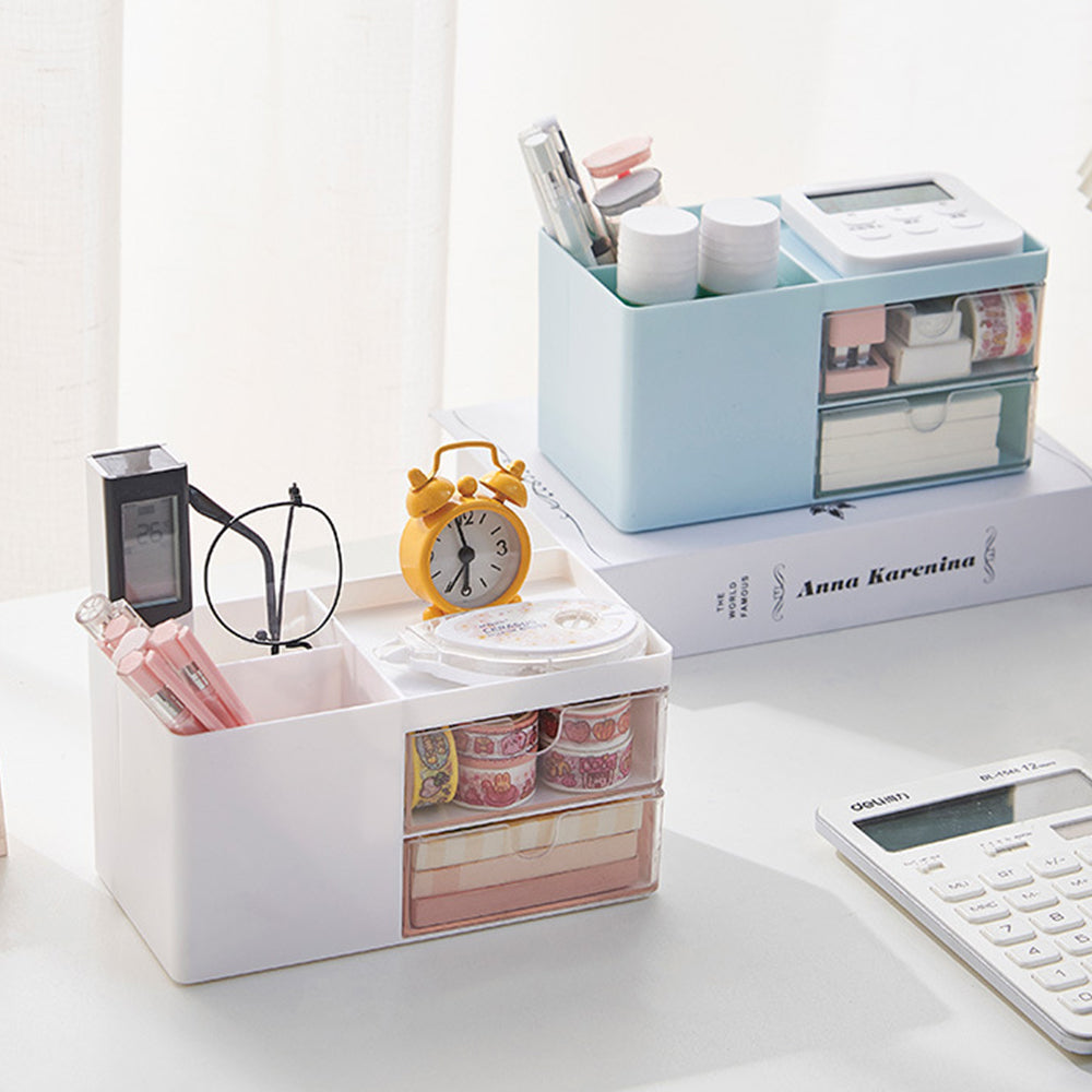 2X Desk Organizer Cosmetic Makeup Storage Box with Drawers White Blue