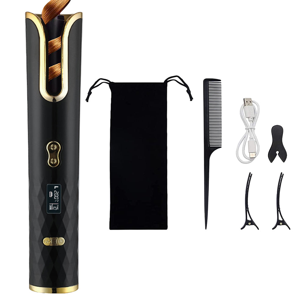 Cordless Hair Curler USB Rechargeable Auto Rotating Hair Curling Tool Black