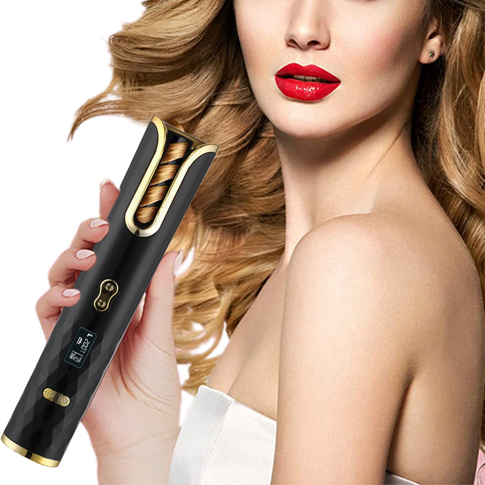 Cordless Hair Curler USB Rechargeable Auto Rotating Hair Curling Tool Black