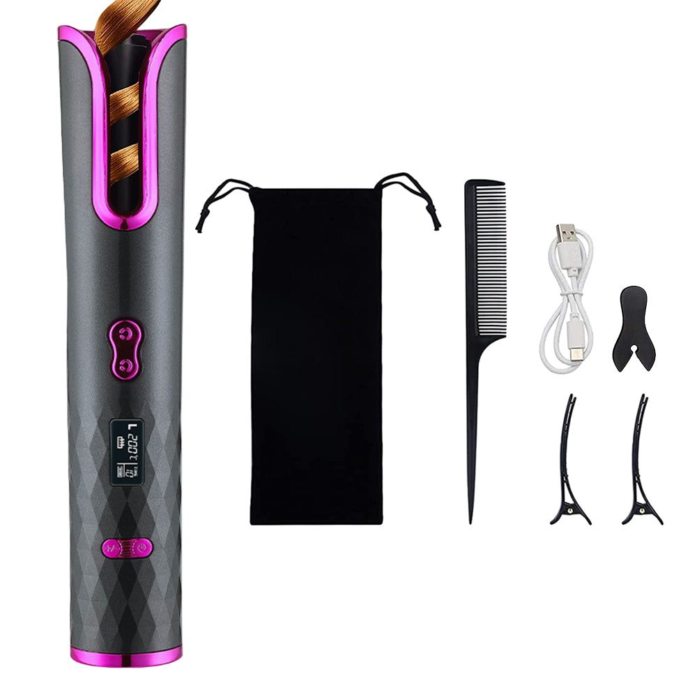 Cordless Hair Curler USB Rechargeable Auto Rotating Hair Curling Tool Grey