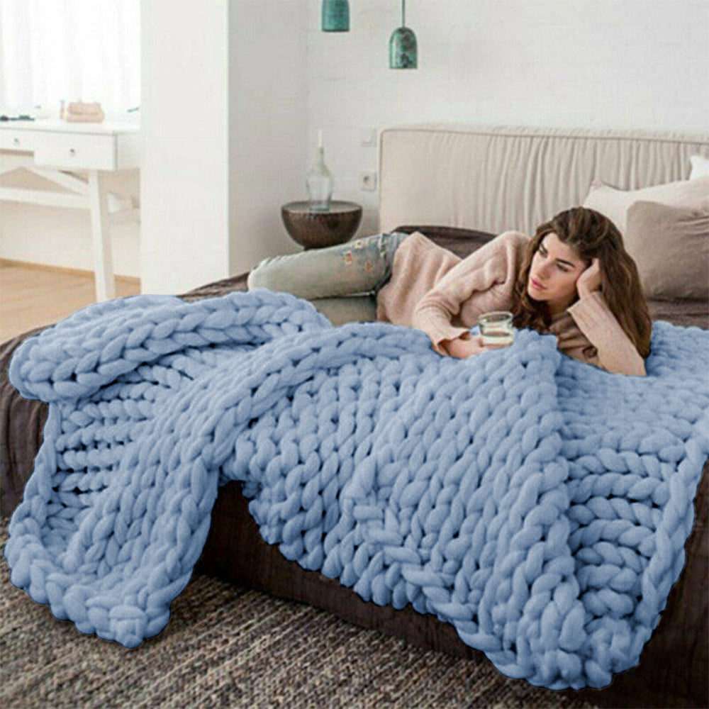 120x100cm Warm Chunky Knit Blanket Throw Blanket Blue