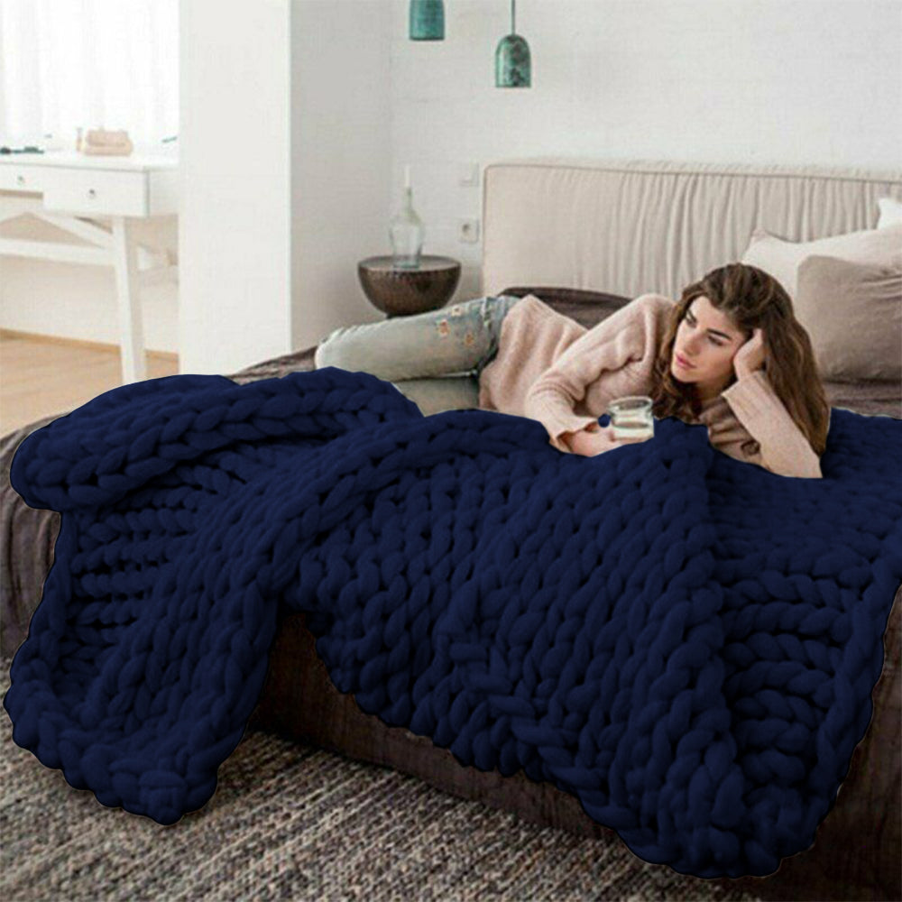 120x100cm Warm Chunky Knit Blanket Throw Blanket Dark Blue