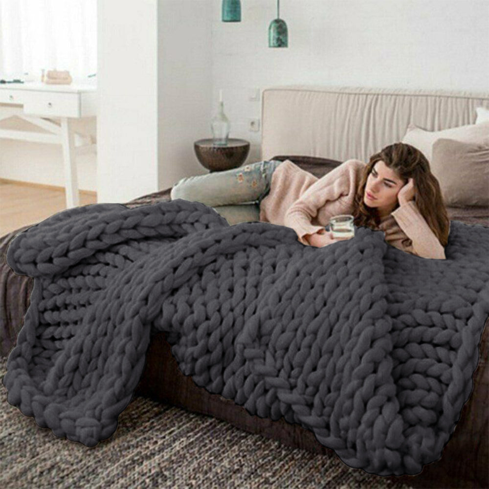 120x100cm Warm Chunky Knit Blanket Throw Blanket Dark Grey