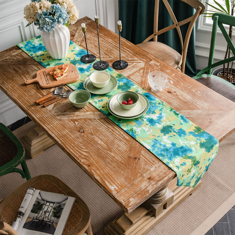 220x30cm Dye Printed Cotton Linen Table Runner Green