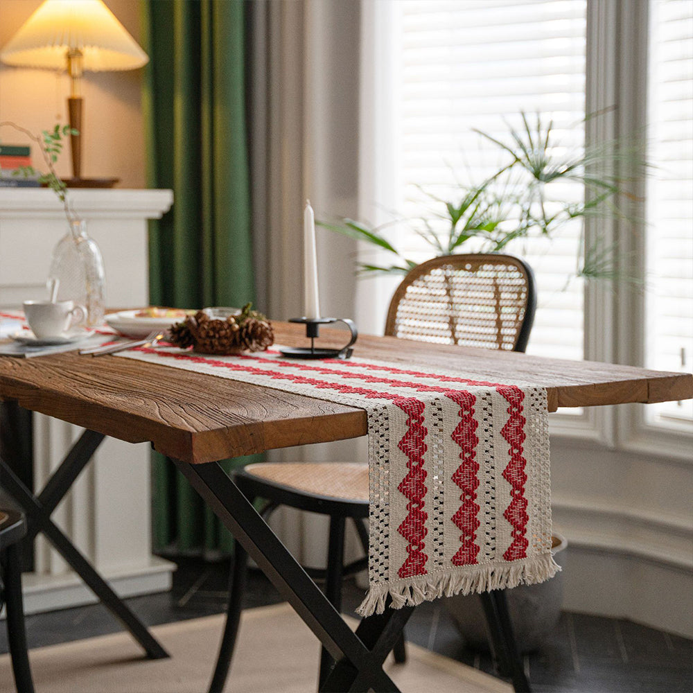 200x30cm Cotton Linen Weave Table Runner with Tassels Style 3
