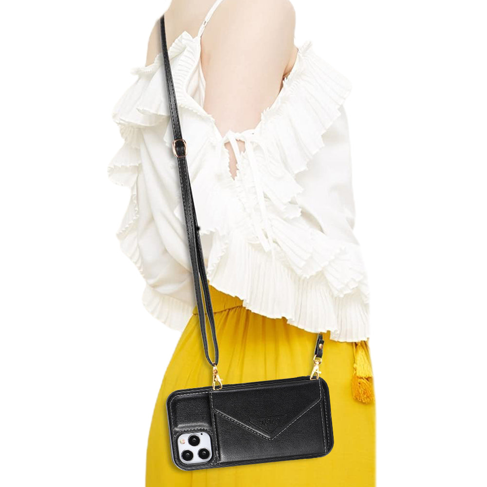 PU Leather Wallet Crossbody Phone Case for iPhone 13 Black