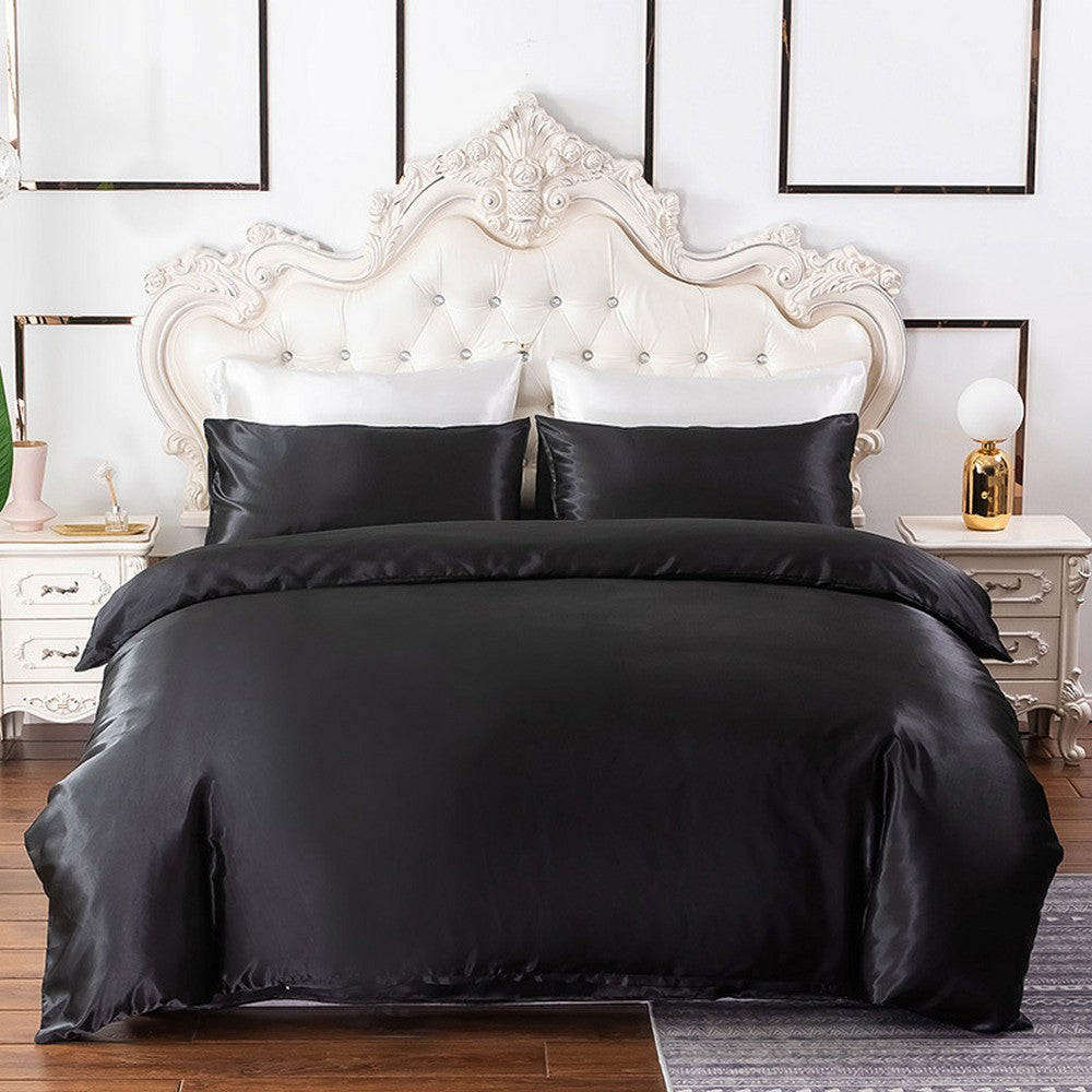 Double Quilt Cover Silk Satin Bedding Set Black