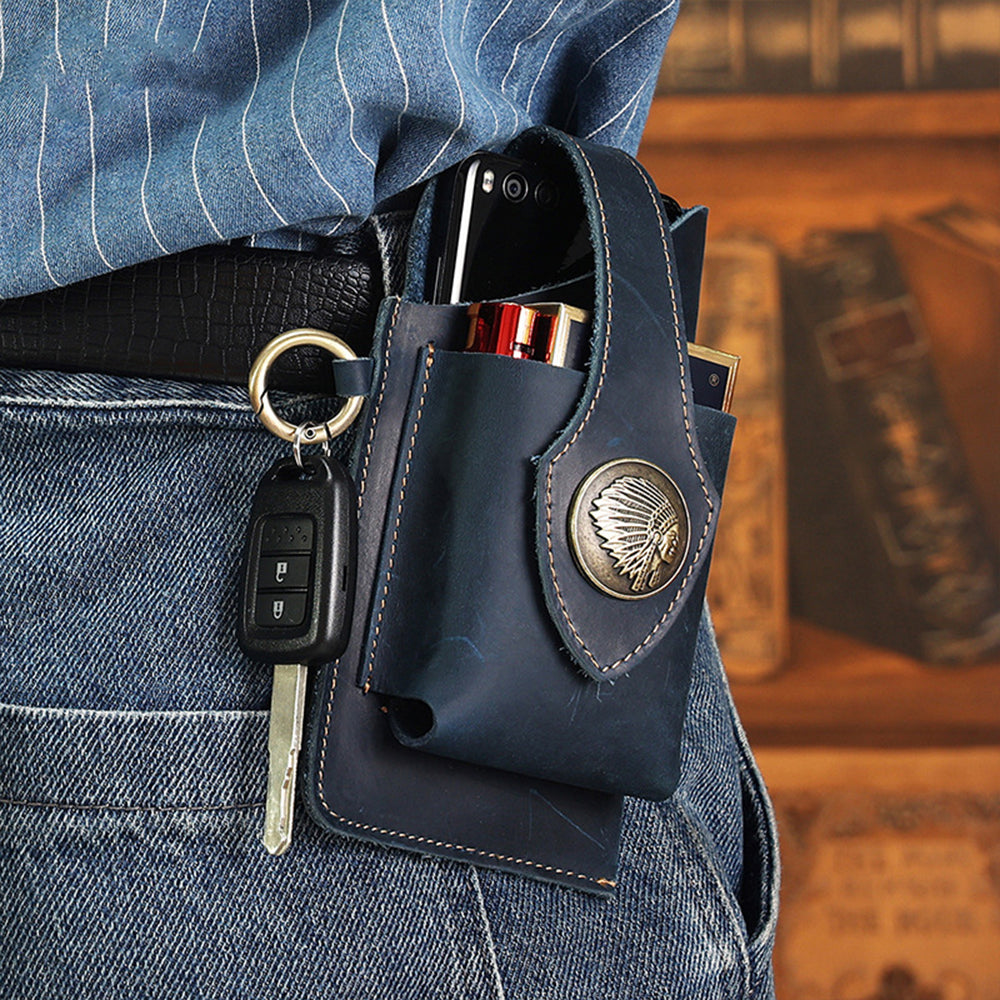 Mens Leather Mobile Phone Bag Waist Belt Bag Blue