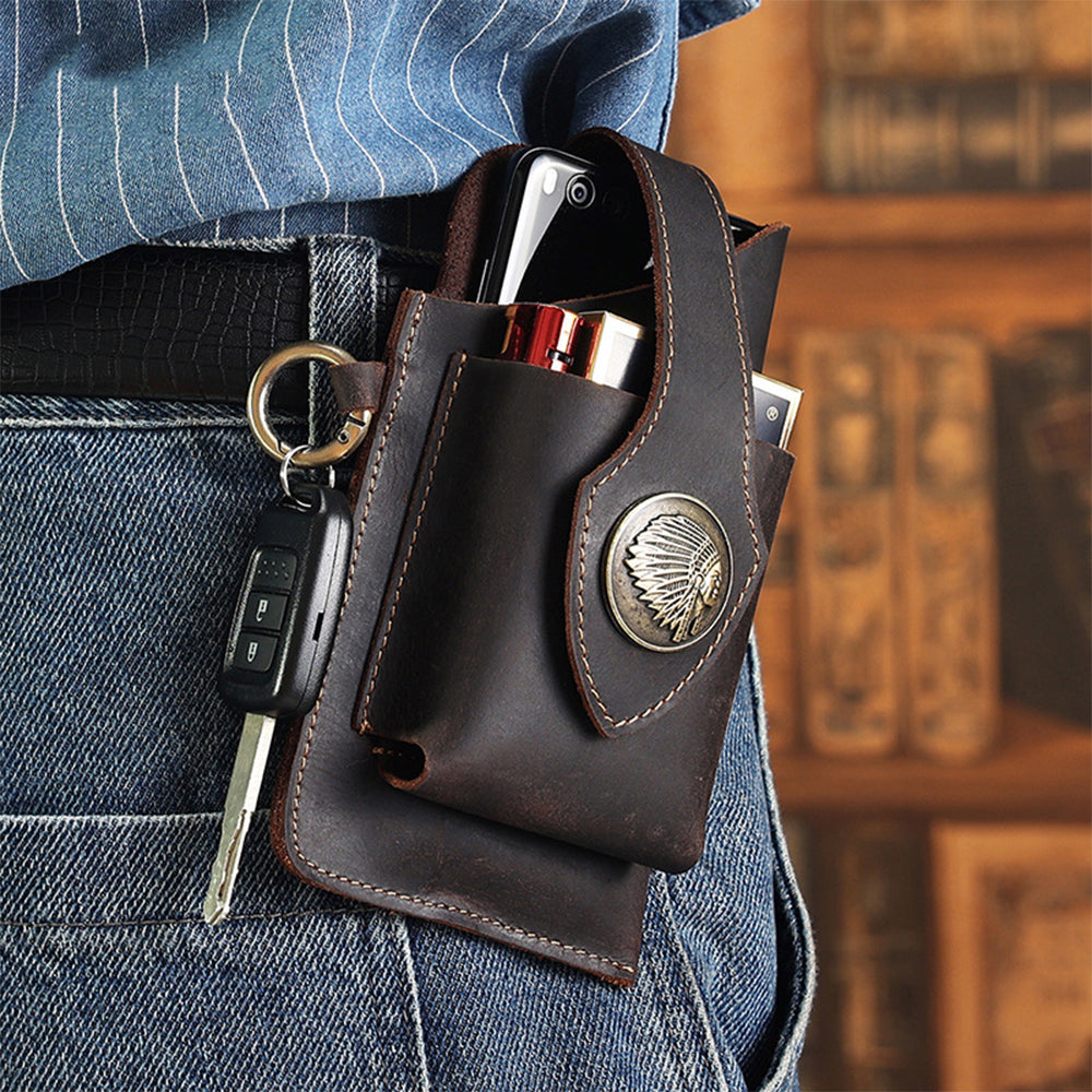 Mens Leather Mobile Phone Bag Waist Belt Bag Black