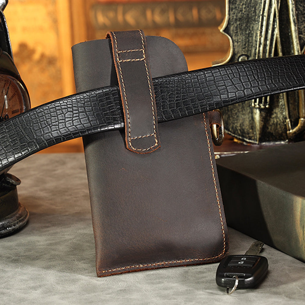 Mens Leather Mobile Phone Bag Waist Belt Bag Black