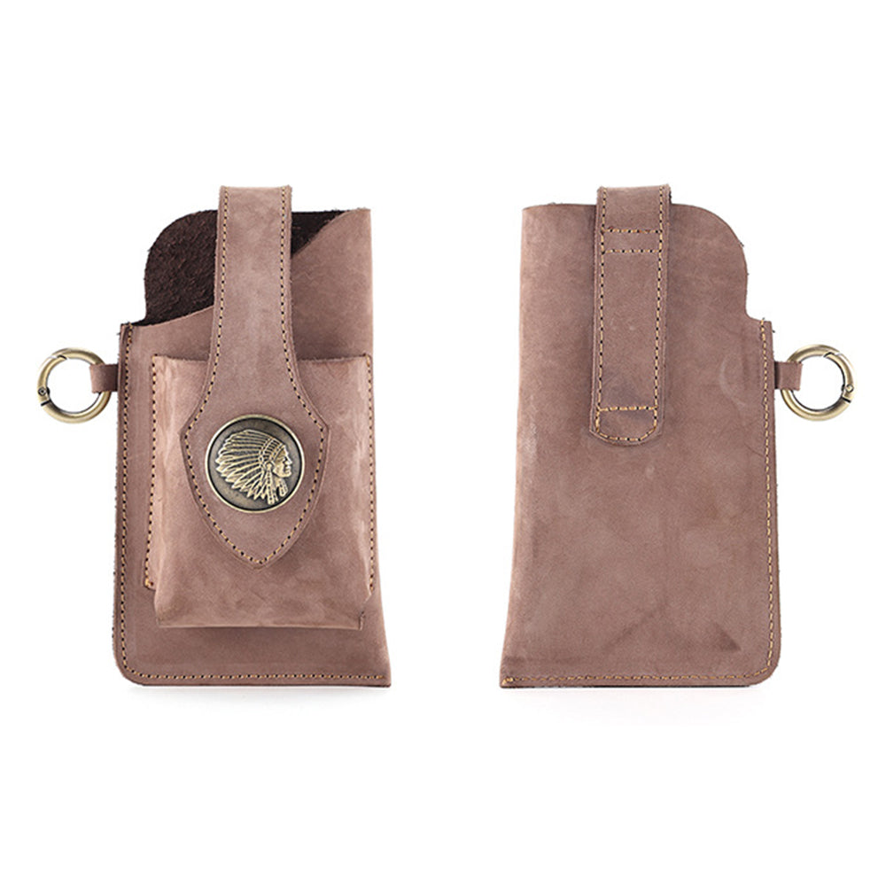 Mens Leather Mobile Phone Bag Waist Belt Bag Khaki