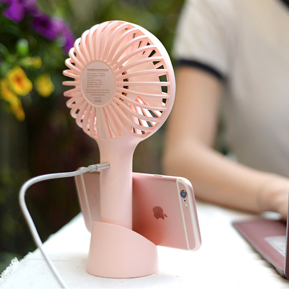 Portable USB Rechargeable Handheld Fan with Phone Holder Pink