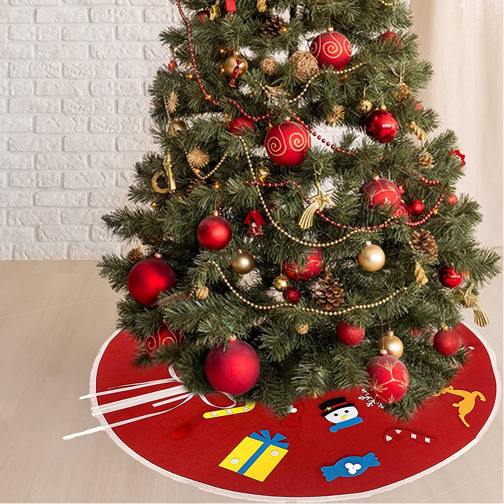 23Pcs DIY Christmas Tree Skirt Felt Xmas Party Home Decoration 90cm Red