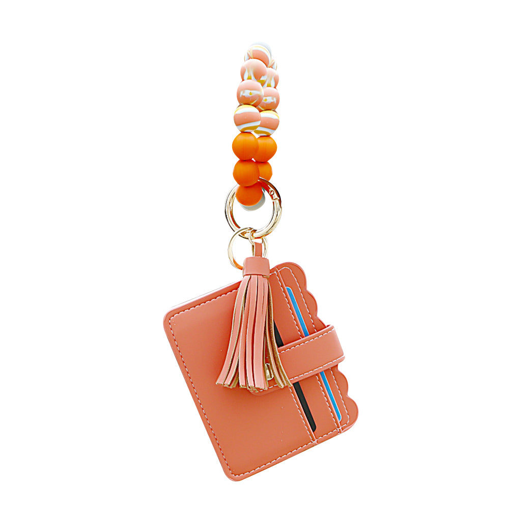 2 X Wristlet Bracelet Keychain Wallet Bangle Key Ring Card Holder Green Orange