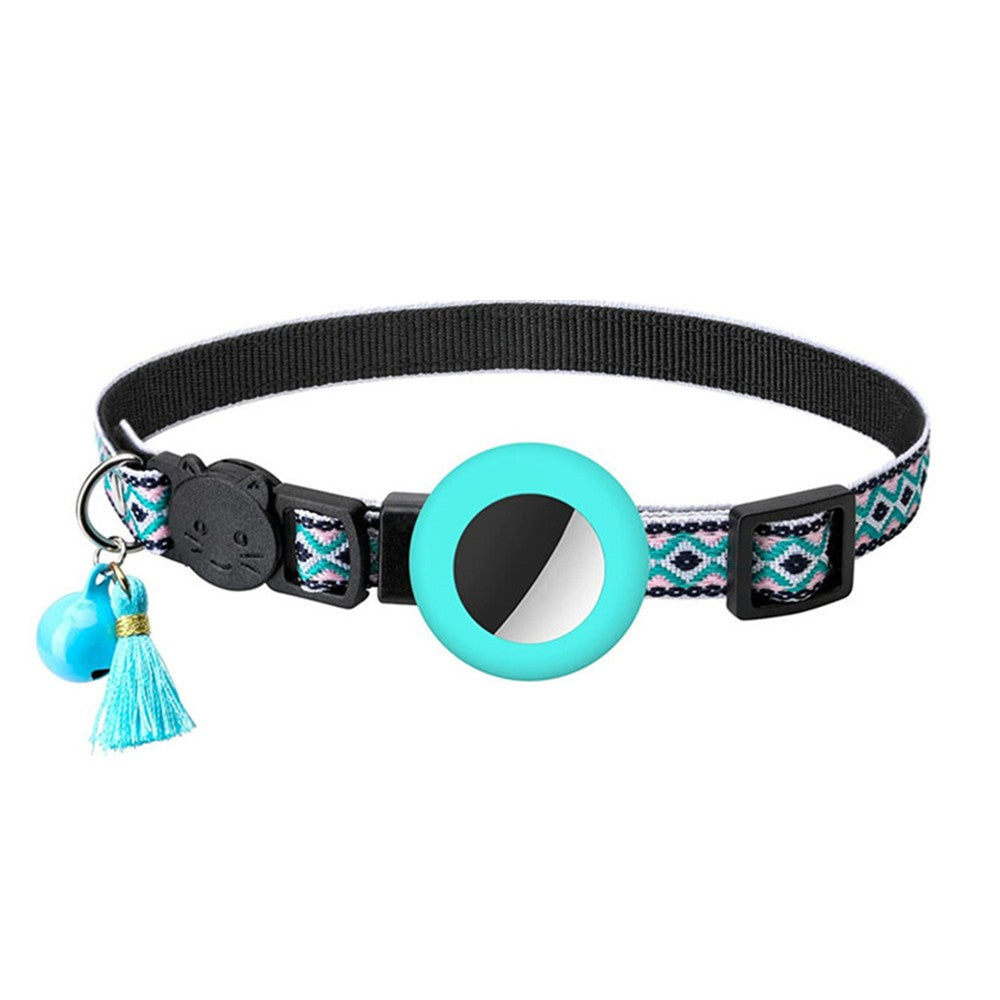 1 X Pet Cat Collar with Airtag Holder Adjustable Geometric Pattern Cat Collar with Bell and Tassel Green