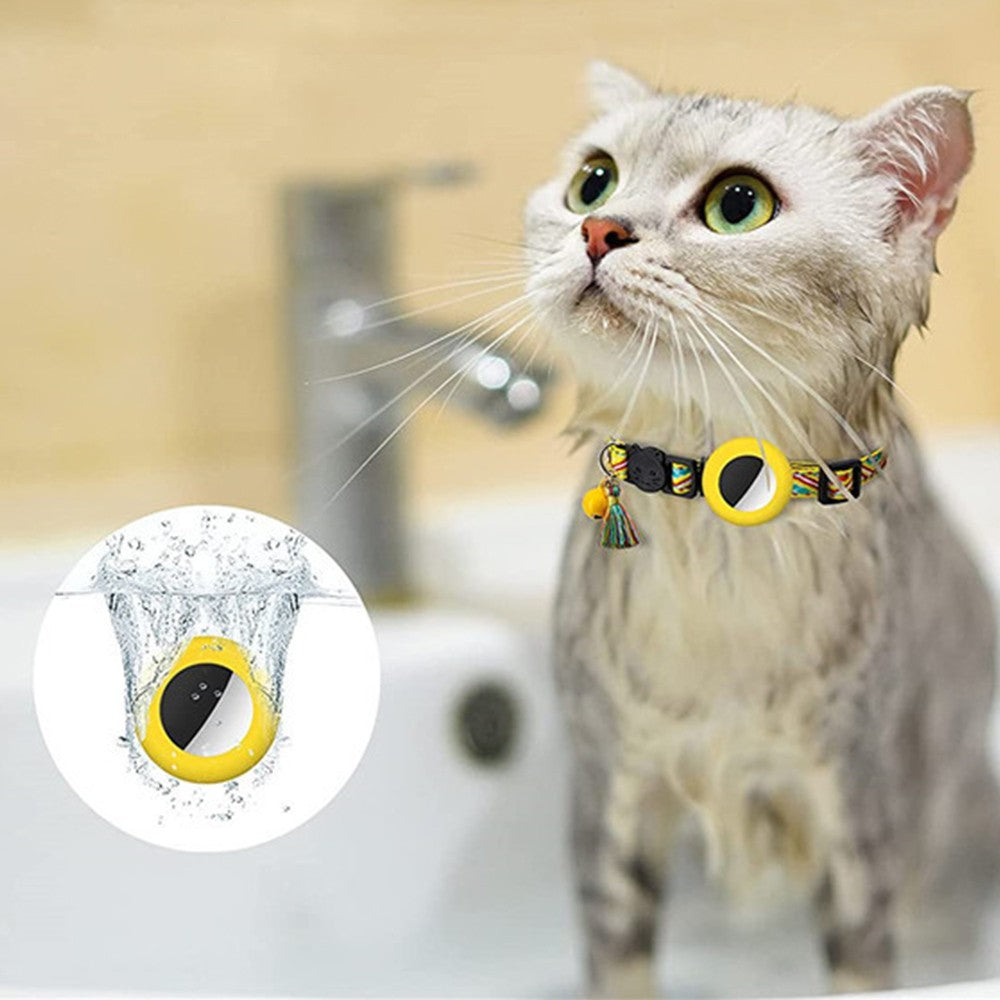 1 X Pet Cat Collar with Airtag Holder Adjustable Geometric Pattern Cat Collar with Bell and Tassel Yellow
