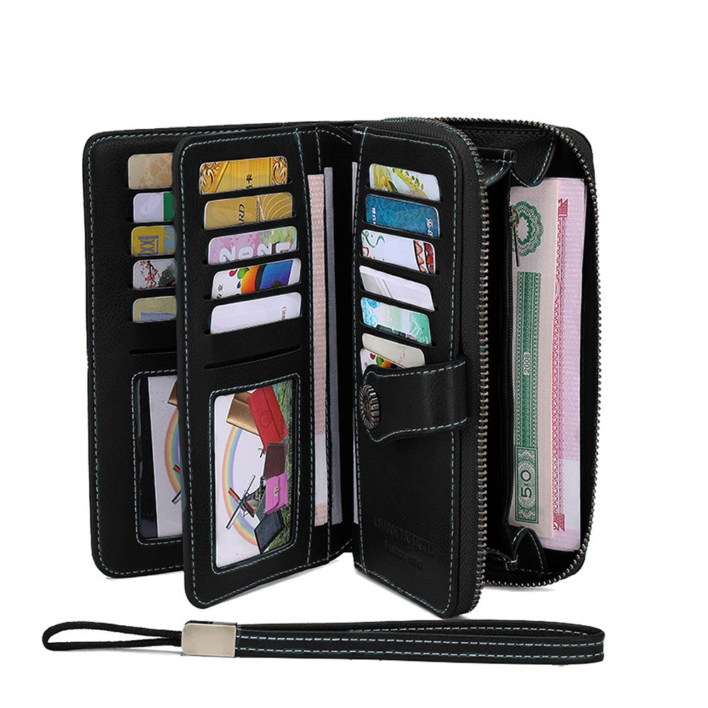 Womens PU Leather Wallet Black RFID Blocking Purse Credit Card Holder Coin Purse with Wrist Strap