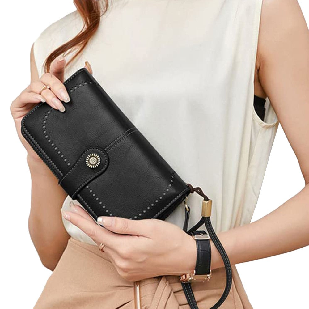 Womens PU Leather Wallet Black RFID Blocking Purse Credit Card Holder Coin Purse with Wrist Strap