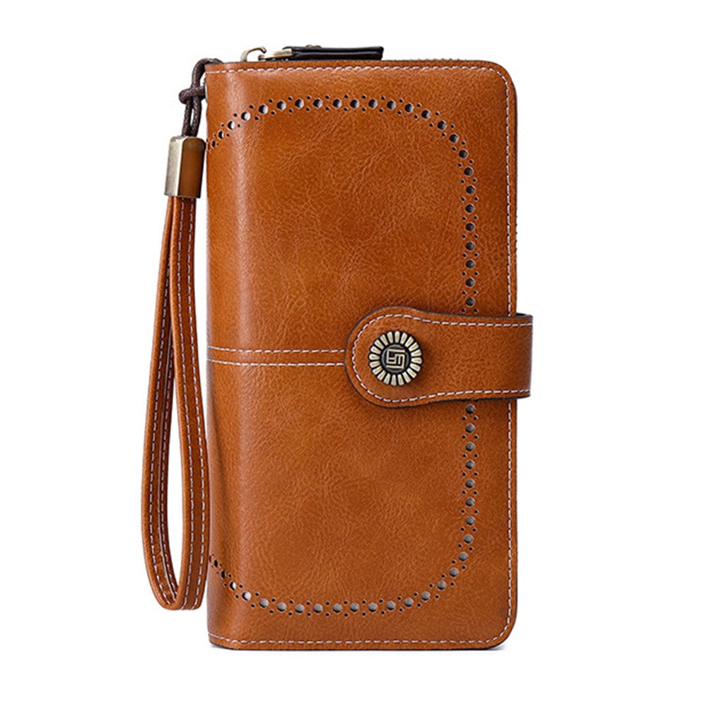Womens PU Leather Wallet Brown RFID Blocking Purse Credit Card Holder Coin Purse with Wrist Strap