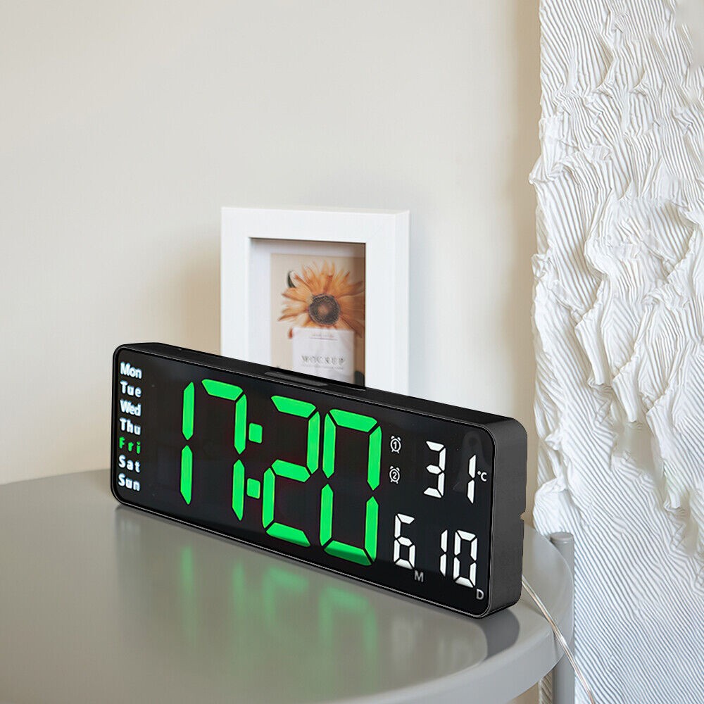 13 Inch Digital Alarm Clock LED Wall Mounted Clock Desk Clock with Temperature Calendar Green
